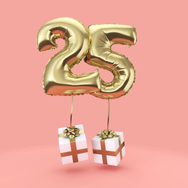 Sayı 25 doğum günü kutlaması altın folyo helyum balon hediyeleri ile. 3d Render