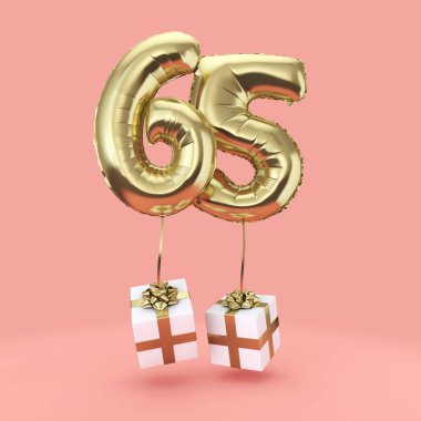 Sayı 65 doğum günü kutlaması altın folyo helyum balon hediyeleri ile. 3d Render