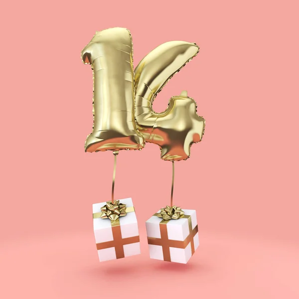 Number 14 birthday celebration gold foil helium balloon with presents. 3D Render