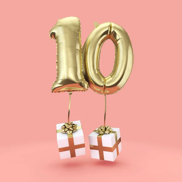 Nummer 10 födelsedagsfest guld folie helium ballong med presenter. 3D-Render — Stockfoto