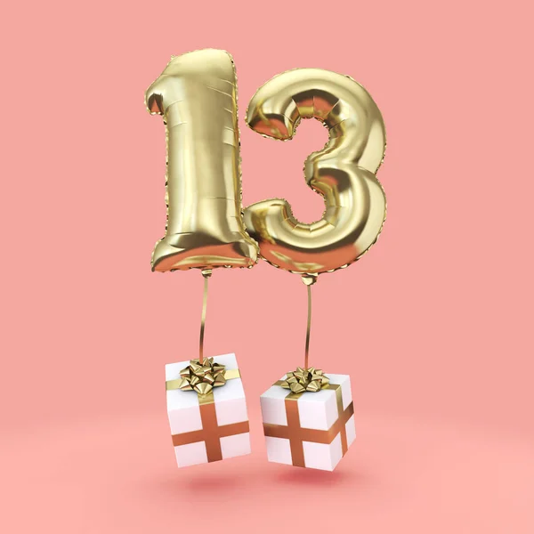 Numero 13 festa di compleanno palloncino di elio foglio d'oro con regali. Render 3D — Foto Stock