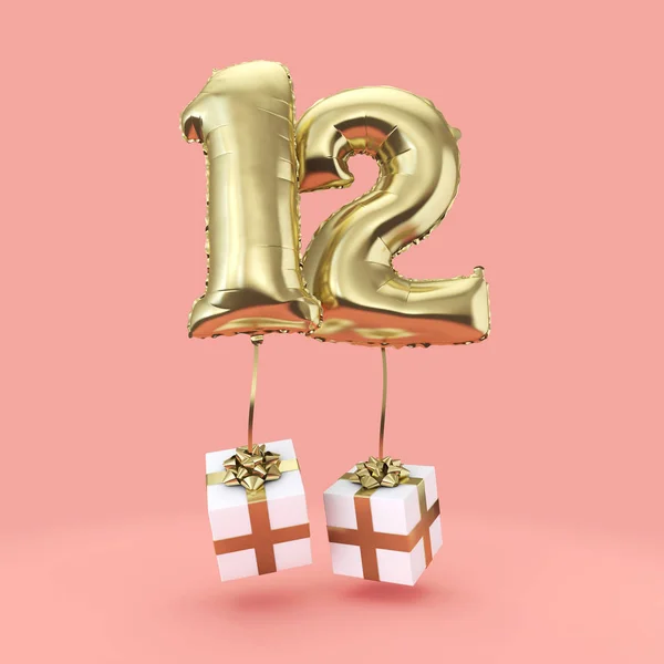 Number 12 birthday celebration gold foil helium balloon with presents. 3D Render — Stock Photo, Image