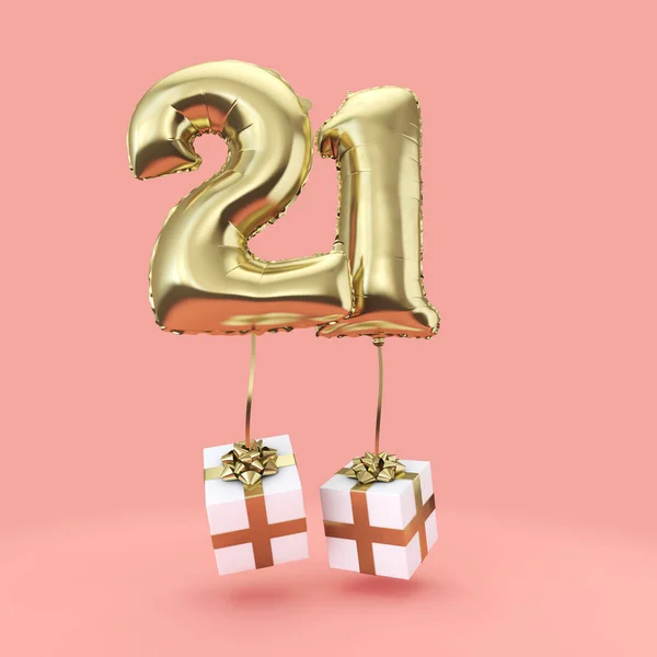 Celebración número 21 cumpleaños globo de helio lámina de oro con regalos. Renderizado 3D — Foto de Stock
