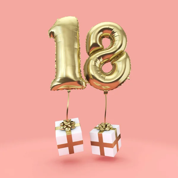 Číslo 18 narozeniny zlatá fólie v heliovém balónu s dárky. prostorové vykreslení — Stock fotografie