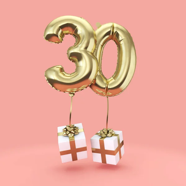 Number 30 birthday celebration gold foil helium balloon with presents. 3D Render