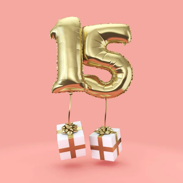 Numero 15 festa di compleanno palloncino di elio foglio d'oro con regali. Render 3D — Foto Stock