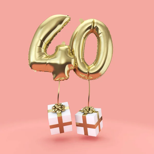 Nummer 40 födelsedagsfest guld folie helium ballong med presenter. 3D-Render — Stockfoto