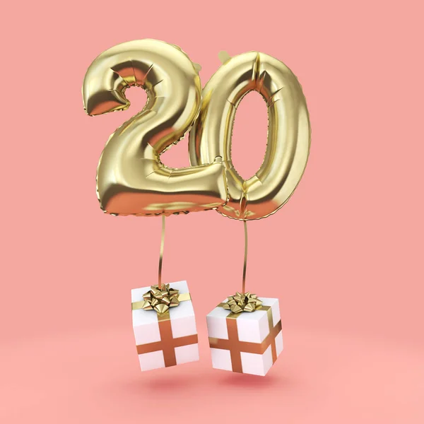 Numero 20 festeggiamenti compleanno palloncino di elio lamina d'oro con regali. Render 3D — Foto Stock