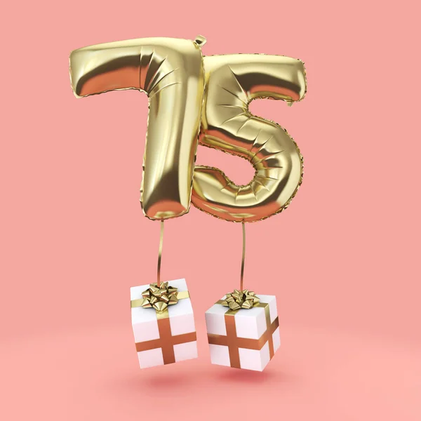 Número 75 aniversário celebração folha de ouro balão de hélio com presentes. Renderização 3D — Fotografia de Stock