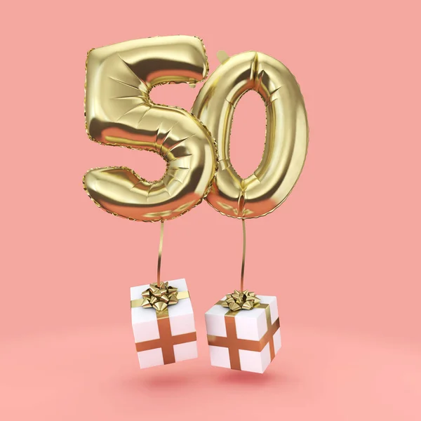 Номер 50 празднование дня рождения золотой фольги гелиевый шар с подарками. 3D Render — стоковое фото