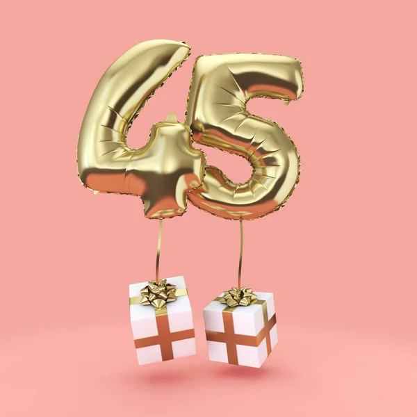 Número 45 aniversário celebração folha de ouro balão de hélio com presentes. Renderização 3D — Fotografia de Stock