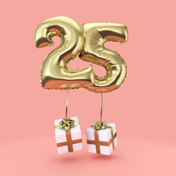 Number 25 birthday celebration gold foil helium balloon with presents. 3D Render