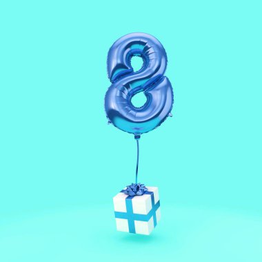 8 numara doğum günü kutlaması folyo helyum balon hediyeleri ile. 3d Render
