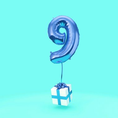 9 numara doğum günü kutlaması folyo helyum balon hediyeleri ile. 3d Render