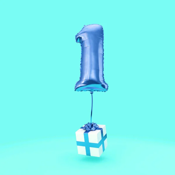 Número 1 aniversário celebração folha balão de hélio com presentes. Renderização 3D — Fotografia de Stock