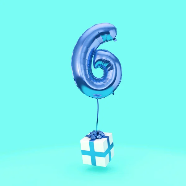 번호 6 생일 축하 호일 헬륨 풍선 선물. 3D 렌더링 — 스톡 사진