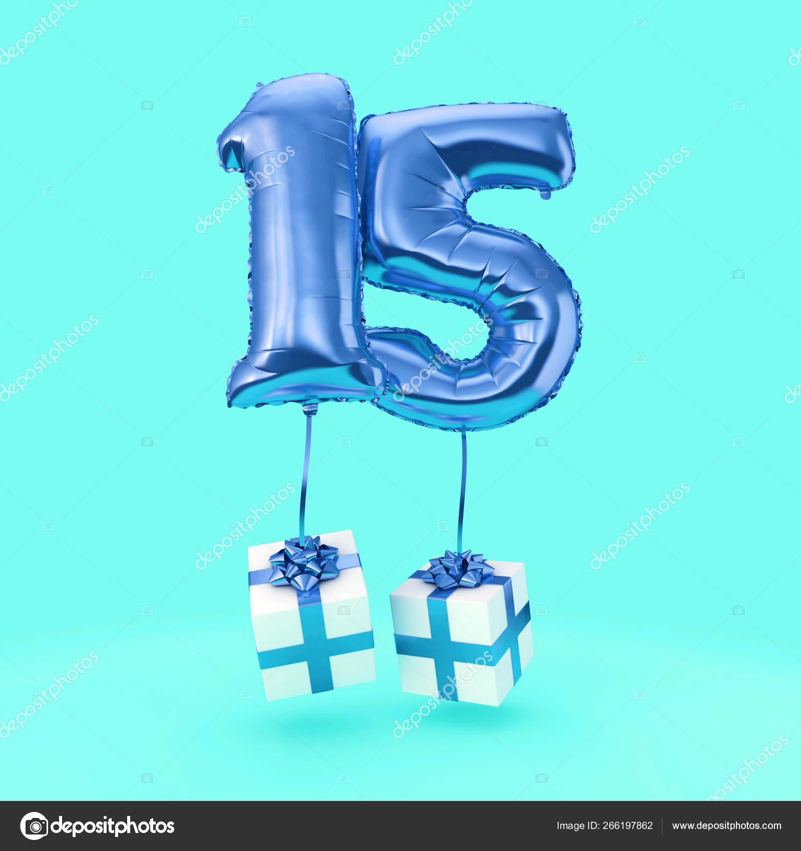 Ballon d'hélium numéro 15 anniversaire avec cadeaux. Expéditeur 3D image  libre de droit par InkDropCreative © #266197862