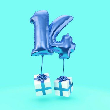 14 numara doğum günü kutlaması folyo helyum balon hediyeleri ile. 3d Render