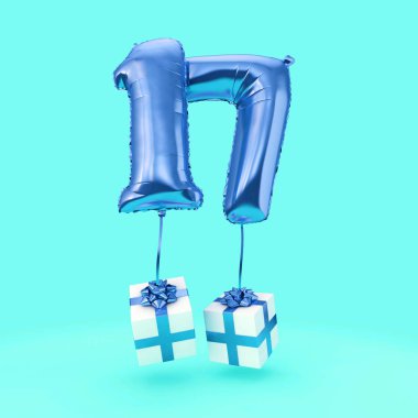 17 numara doğum günü kutlaması folyo helyum balon hediyeleri ile. 3d Render