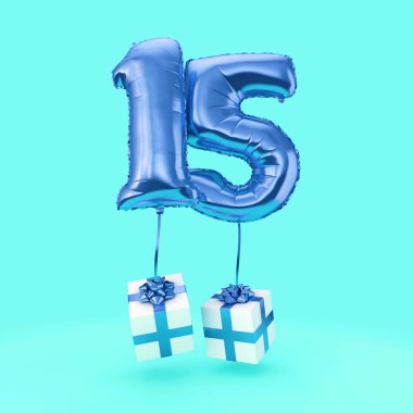 15 numara doğum günü kutlaması folyo helyum balon hediyeleri ile. 3d Render