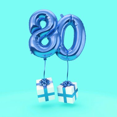 Sayı 80 doğum günü kutlama folyo helyum balon hediyeleri ile. 3d Render