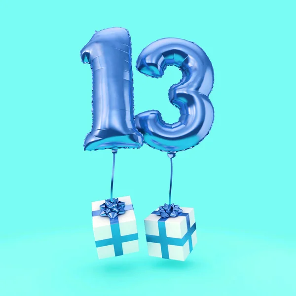 Nummer 13 födelsedagsfirande folie helium ballong med presenter. 3D-rendering — Stockfoto