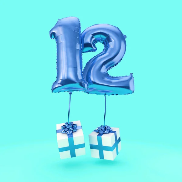 Palloncino di elio numero 12 per la celebrazione del compleanno con regali. Render 3D — Foto Stock