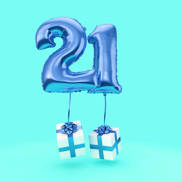 21 numara doğum günü kutlaması folyo helyum balon hediyeleri ile. 3d Render — Stok fotoğraf