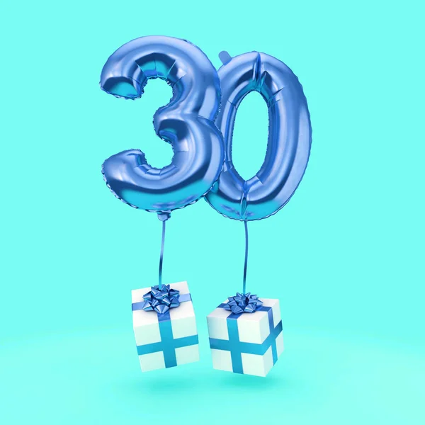 Číslo 30 narozeninové oslavy heliové fólie s dárky. prostorové vykreslení — Stock fotografie