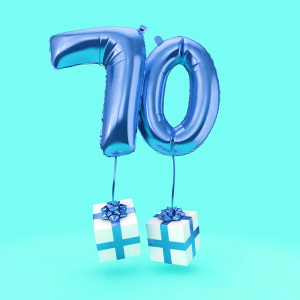 Número 70 aniversário celebração folha balão de hélio com presentes. Renderização 3D — Fotografia de Stock