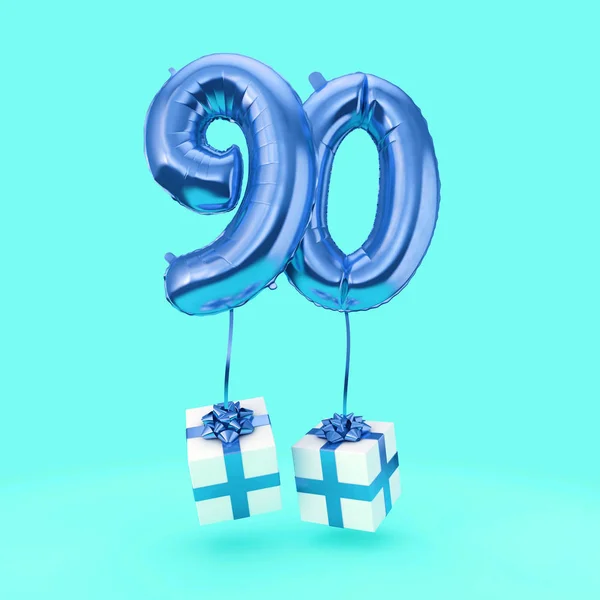 数90の誕生日のお祝いは、プレゼントとヘリウム風船を箔。3D レンダリング — ストック写真