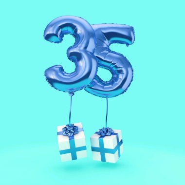 35 numara doğum günü kutlaması folyo helyum balon hediyeleri ile. 3d Render