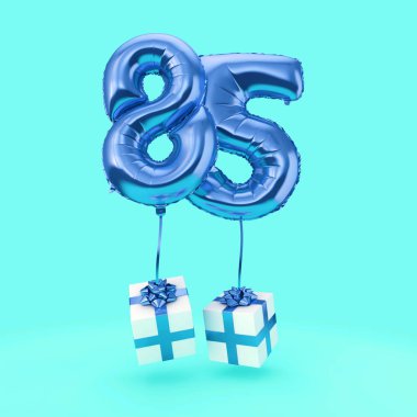 Sayı 85 doğum günü kutlama folyo helyum balon hediyeleri ile. 3d Render
