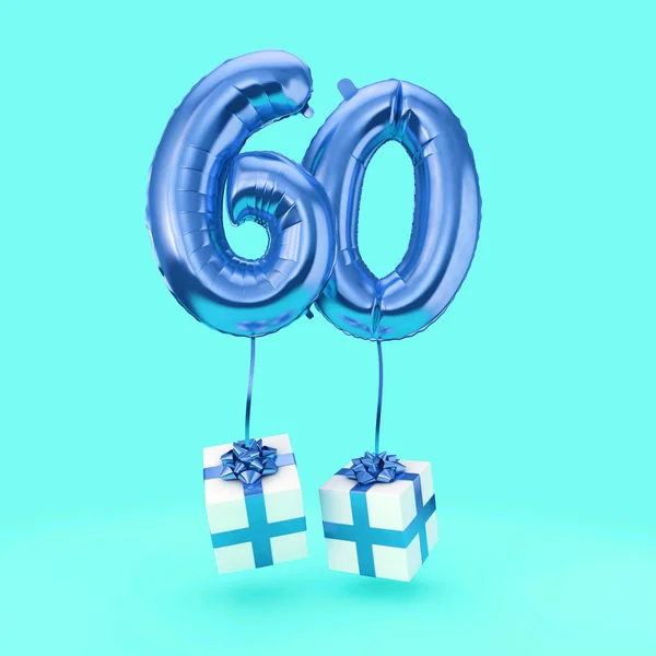 Numero 60 festeggiamenti per il compleanno palloncino di elio stagnola con regali. Render 3D — Foto Stock