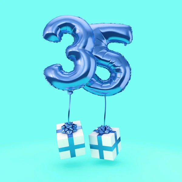 Globo de helio de lámina de celebración de cumpleaños número 35 con regalos. Renderizado 3D — Foto de Stock