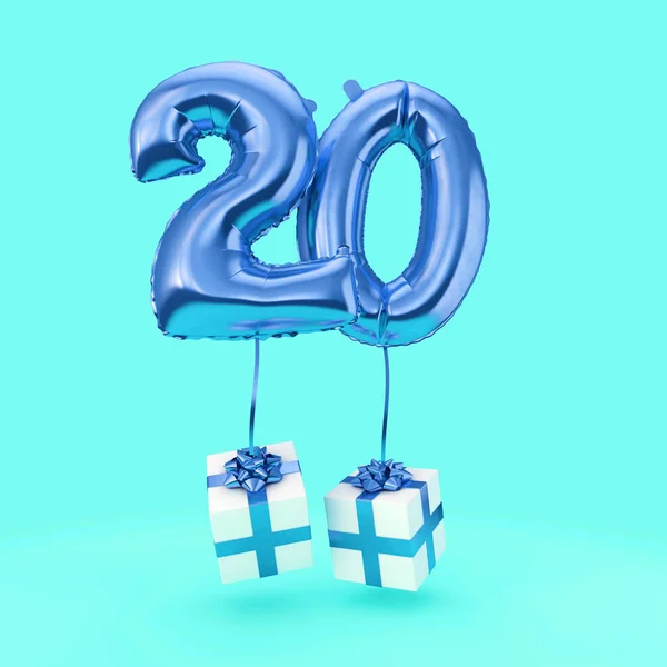 Número 20 aniversário celebração folha balão de hélio com presentes. Renderização 3D — Fotografia de Stock