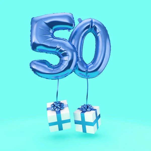 Αριθμός 50 γιορτή γενεθλίων φύλλο ηλίου μπαλόνι με δώρα. Απόδοση 3D — Φωτογραφία Αρχείου