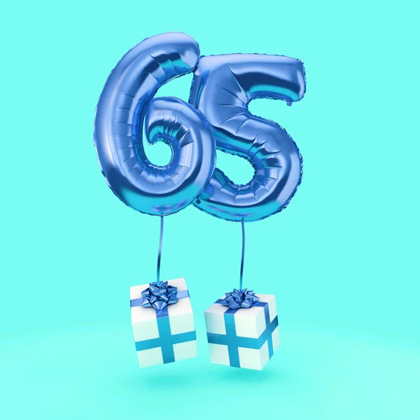 Numero 65 festa di compleanno foglio palloncino di elio con regali. Render 3D — Foto Stock