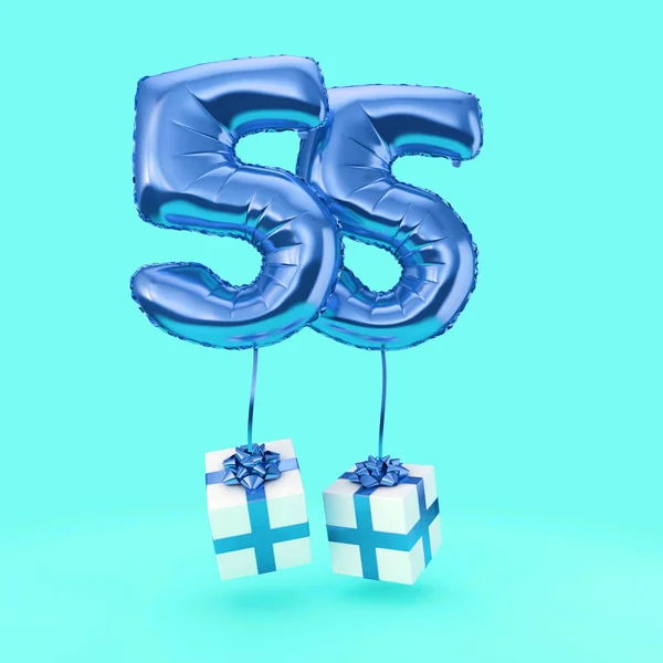 Číslo 55 narozeninová fólie Heliový balónek s dárky. prostorové vykreslení — Stock fotografie