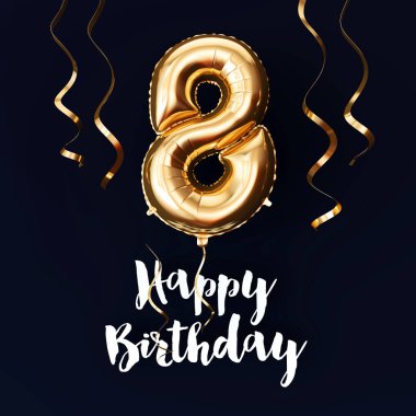 Mutlu 8 Doğum günü altın folyo balon arka plan kurdeleler ile. 3d Render
