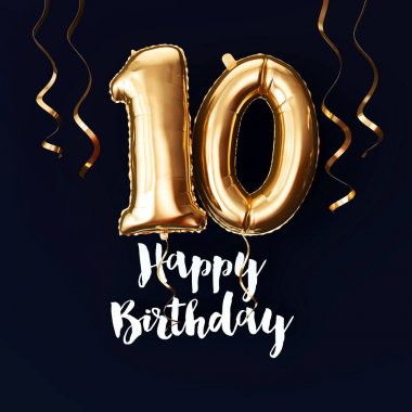 Mutlu 10 Doğum günü altın folyo balon arka plan kurdeleler ile. 3d Render