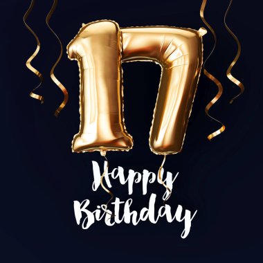 Mutlu 17 Doğum günü altın folyo balon arka plan kurdeleler ile. 3d Render
