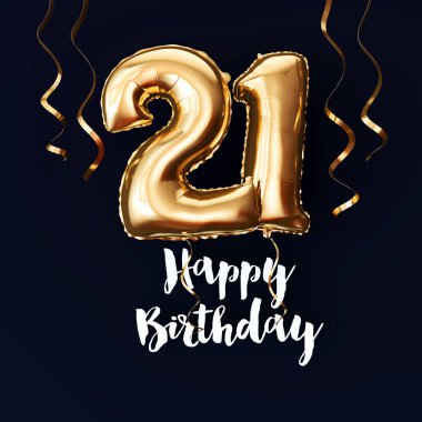 Mutlu 21 doğum günü altın folyo balon arka plan kurdeleler ile. 3d Render
