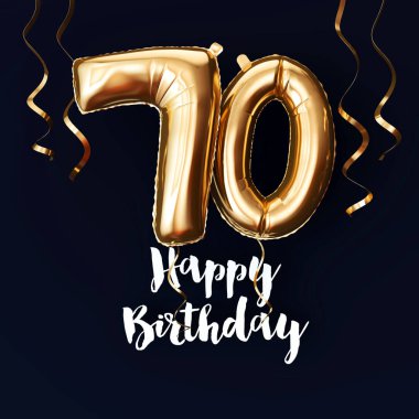 Mutlu 70 Doğum günü altın folyo balon arka plan kurdeleler ile. 3d Render