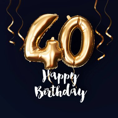 Mutlu 40 Doğum günü altın folyo balon arka plan kurdeleler ile. 3d Render