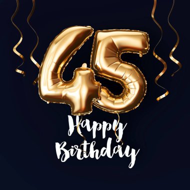 Mutlu 45 Doğum günü altın folyo balon arka plan kurdeleler ile. 3d Render
