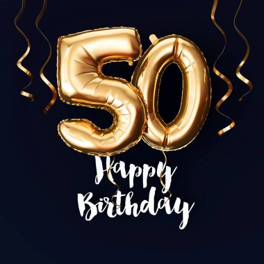 Mutlu 50 Doğum günü altın folyo balon arka plan kurdeleler ile. 3d Render