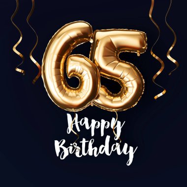 Mutlu 65 Doğum günü altın folyo balon arka plan kurdeleler ile. 3d Render