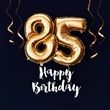 Mutlu 85 Doğum günü altın folyo balon arka plan kurdeleler ile. 3d Render