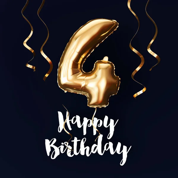 Happy 4th Birthday gold foil balloon background with ribbons. 3D Render